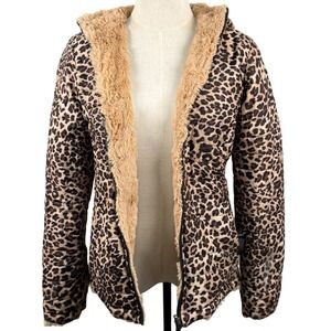 Vintage Urban Retro M Reversible Jacket Leopard Faux Fur Hood Mob Wife Coat Y2K
